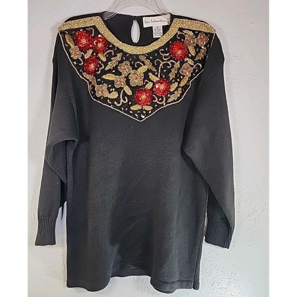 Vtg Viki International Sweater with 3-D‎ Floral Beading Lrg